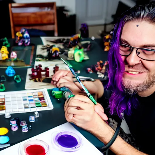 Image similar to violet - haired male game designer who plays blood bowl and paints miniatures, sitting at his untidy working table