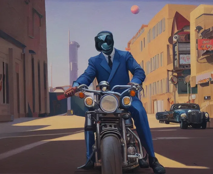 Image similar to a very detailed painting of a astronaut wearing a suit, riding a motorbike down a street, harley davidson motorbike, worm's - eye view, very fine brush strokes, very aesthetic, very futuristic, in the style of edward hopper and grant wood and syd mead, 4 k,