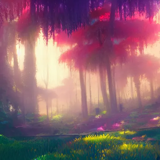 Prompt: concept art painting of a mystical colorful forest, with fog and strange colorful plants, realistic, detailed, cel shaded, in the style of makoto shinkai and greg rutkowski and james gurney