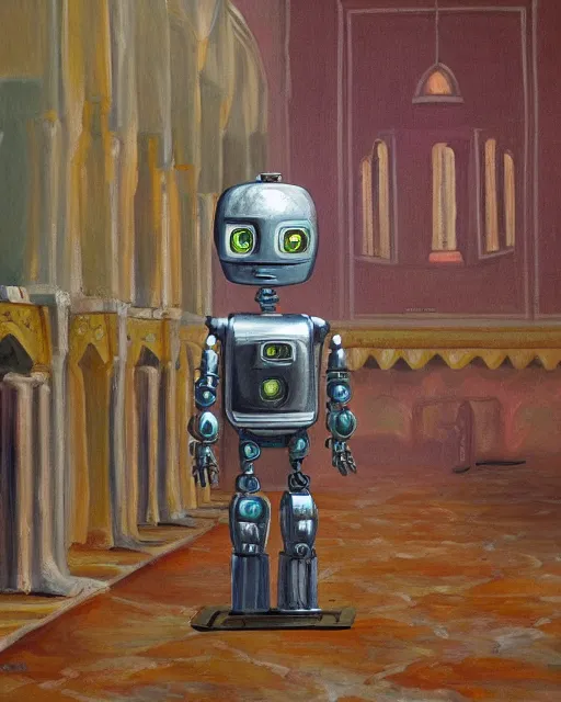 Prompt: a robot praying in the mosque, oil painting, 8 k