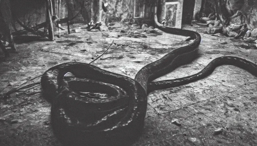 Image similar to a gigantic snake eating an old skinny man in a stalinist style kitchen, mini dv camera found footage, very very low quality picture, heavy grain, caught on security camera, heavy jpeg artifact, night vision very blurry, caught on trail cam, 1 4 4 p, ultra wide lens