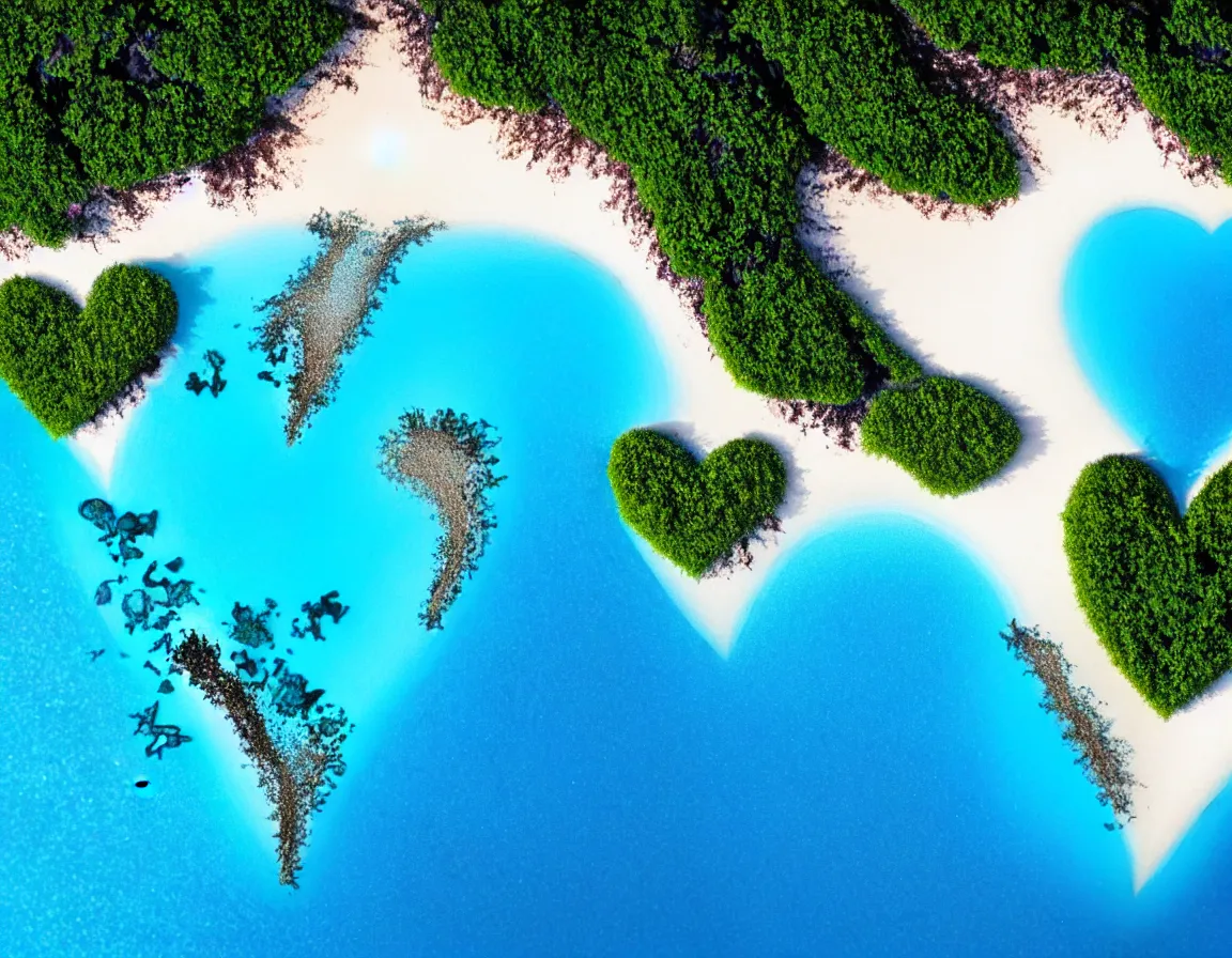 Prompt: closeup shot photo of realistic exotic tree heart / shaped island with blue lagoon and sand beach, sunset lighting