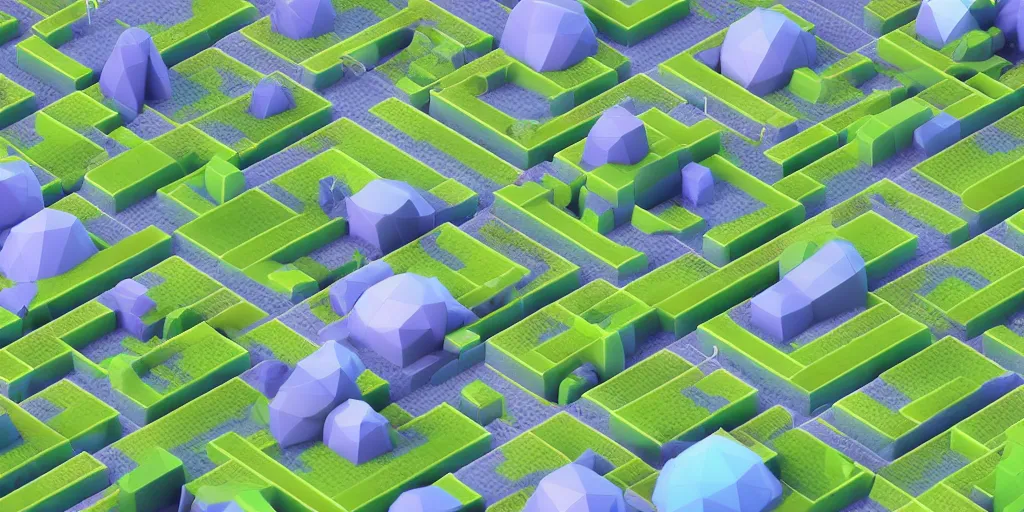 Prompt: voxel meadows intertwined with compression algorithms, alien plants, computer-circuitry based structures sticking out, abstract, pastel tones, low-poly, ray-tracing, 4k, high-quality render, trending on artstation