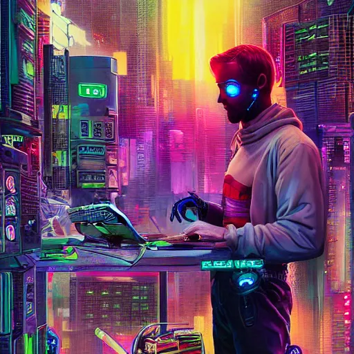 Prompt: cyberpunk ryan gosling cyborg working on cyberpunk computer in cyberpunk farmers market by william barlowe and pascal blanche and tom bagshaw and elsa beskow and enki bilal and franklin booth, neon rainbow vivid colors smooth, liquid, curves, very fine high detail 3 5 mm lens photo 8 k resolution