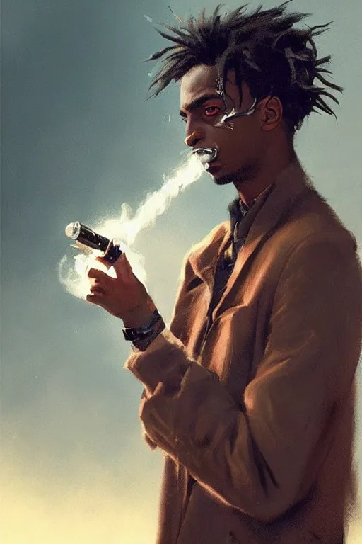 Prompt: Playboi Carti smoking a blunt, atmospheric, illustrated by Greg Rutkowski , Trending on artstation,