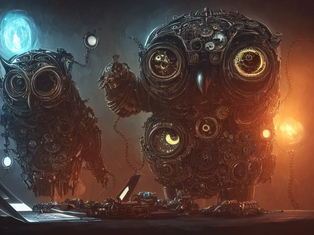 Prompt: an giant evil, malevolent, cyborg owls looking at a computer, surrounded by computer screens. steampunk, intricate, elegant, fantasy, highly detailed, digital painting, concept art, sharp focus, illustration, beautiful lighting, epic light, artstation, colorful, dramatic