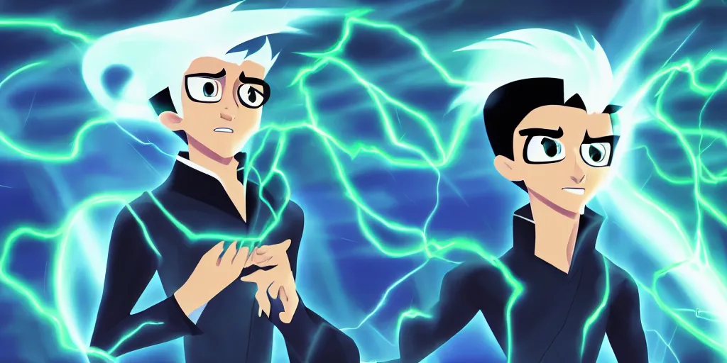 Image similar to a mage that has the face of danny phantom he is at his desk working on a new spell that is casting out flowing energy, colorful, flowing energy, light rays, consistent face, medium shot, waist up, pixar and disney animation, sharp, concept art, highly detailed, bloom, dramatic lighting, cinematic