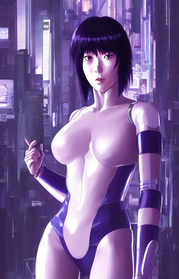 Image similar to a still fullbody portrait of motoko kusanagi ghost in the shell, finely detailed features, closeup at the faces, perfect art, at a cyberpunk city, gapmoe yandere grimdark, trending on pixiv fanbox, by ilya kuvshinov, rossdraws, artgerm