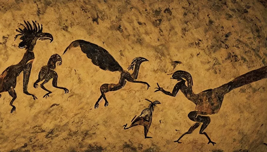 Prompt: neolithic cave painting of patapons fighting a giant bird, 4 k, history channel, psp, japan studio game, art by rolito, high quality