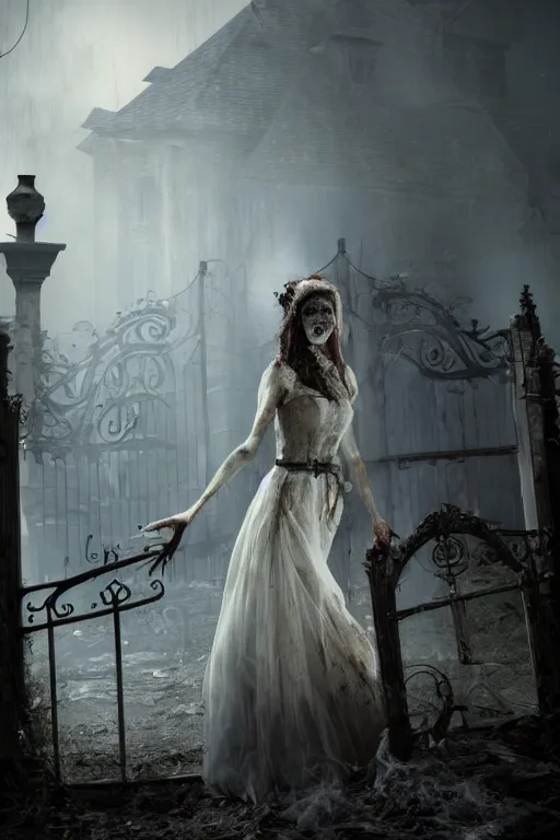 Prompt: a zombie bride with flowing dress and veil at the gate of a decrepit house, night, mist, smoke, scary, spooky, dramatic lighting, moody, style of stephen jones, bernie wrightson, octane render