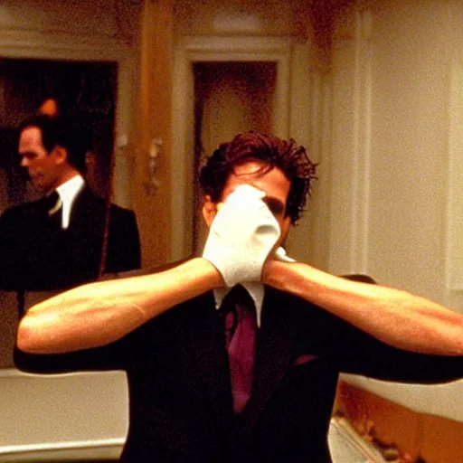 Prompt: Still of Patrick Bateman, removing his venitian mask, in Eyes Wide Shut (1999)