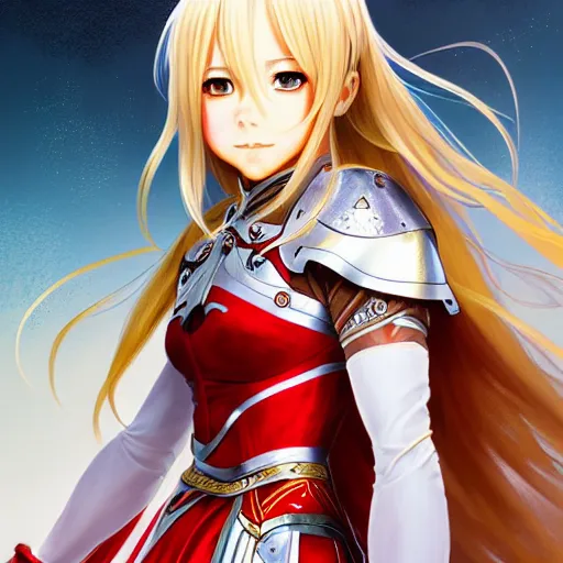 Prompt: Asuna Yuuki, Portrait of a girl with blonde hair wearing a partial paladin armor with a red skirt and white top, face, fantasy, intricate, elegant, highly detailed, digital painting, artstation, concept art, smooth, sharp focus, illustration, art by Fernanda Suarez and Artem Demura and alphonse mucha