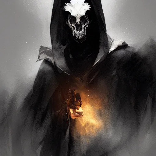 Image similar to portrait of a character wearing a black cloak, with a white deer skull mask, dramatic lighting, illustration by Greg rutkowski, yoji shinkawa, 4k, digital art, concept art, trending on artstation