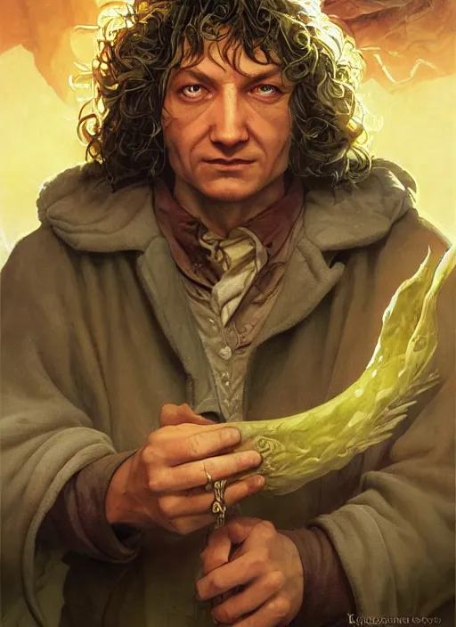 Image similar to portrait painting of hobbit mage, rpg portrait, ambient light, dynamic lighting art by boris vallejo, karol bak, geof darrow