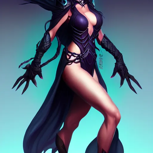 Image similar to dark sorceress full body view, highly detailed, artgerm style, artstation, soft light, sharp focus, illustration, character design, concept art, correct anatomy