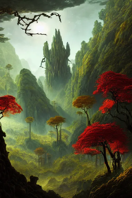 Image similar to a beautiful digital illustration painting of a detailed gothic fantasy valley and forest dragon technology scifi robot encroaching up nature fey unseelie, by benoit b. mandelbrot, steven belledin, martin johnson heade, lee madgwick, caspar david friedrich, and david rios ferreira. 8 k resolution trending on artstation concept art digital illustration