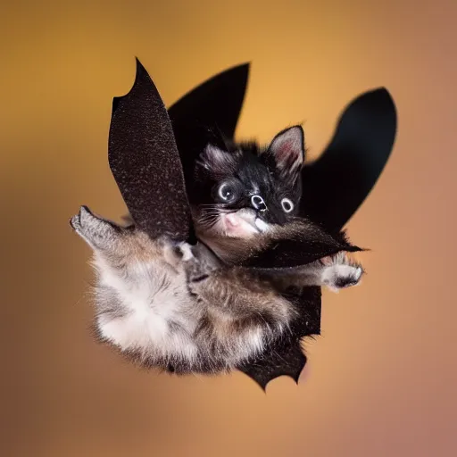 Image similar to a bat kitten flying, Canon EOS R3, telephoto, very detailed, 4k