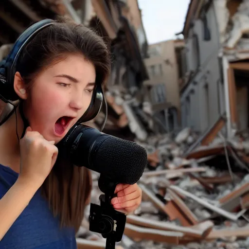 Image similar to a teenage egirl recording during an earthquake, shocked expression, video still, smooth, sharp, high quality, ultra hd, 8 k resolution, high detail