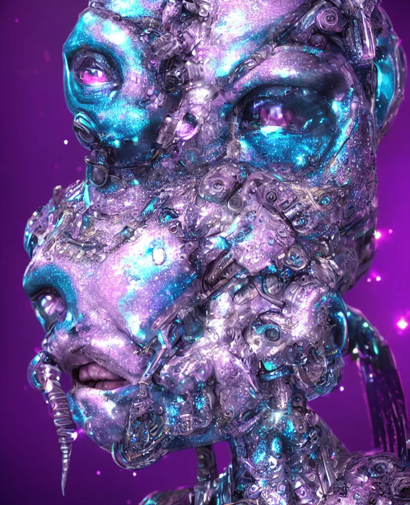 Prompt: beautiful blue alien female, ram horns, glitter, specular reflections, shiny skin, eye tattoo, portrait, synthetic full bodysuit colourful fish scale armour, intricate details, farscape, cinematic, octane render, subsurface scattering, bloom, shadows, purple glowy background, volumetric lighting