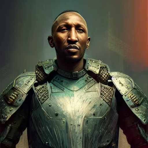 Image similar to mahershala ali portrait, dystopia core, apocalyptic, armor, warrior, dramatic, sharp focus, fiction, neon, fantasy, hyper detailed, digital art, trending in artstation, cinematic lighting, studio quality, smooth render, unreal engine 5 rendered, octane rendered, art style and nixeu and wlop and krenz cushart