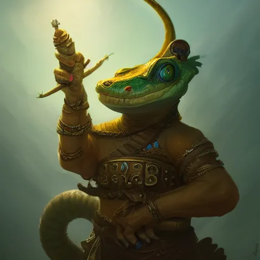 Image similar to Cute anthropomorphic Gecko as a Great Bagatur in Ancient Kazakh Khanate, Turkic, cover art, ultra wide lens shot, pretty, beautiful, DnD character art portrait, matte fantasy painting, DeviantArt Artstation, by Jason Felix by Steve Argyle by Tyler Jacobson by Peter Mohrbacher, cinematic lighting