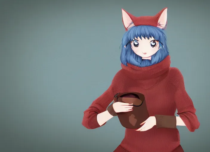 Image similar to Russian Blue catgirl wearing a thick sweater to protect herself from harsh Russian winter.