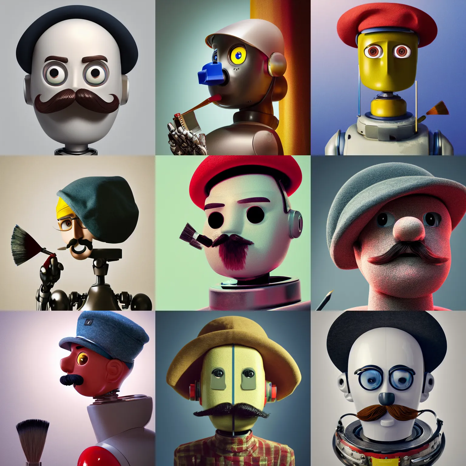 Image similar to portrait of a robot with a moustache wearing beret holding big paintbrush, big head, high detail, beautiful light, depth of field, sharp focus, clean design, 4 k, pixar, low saturation, octane render