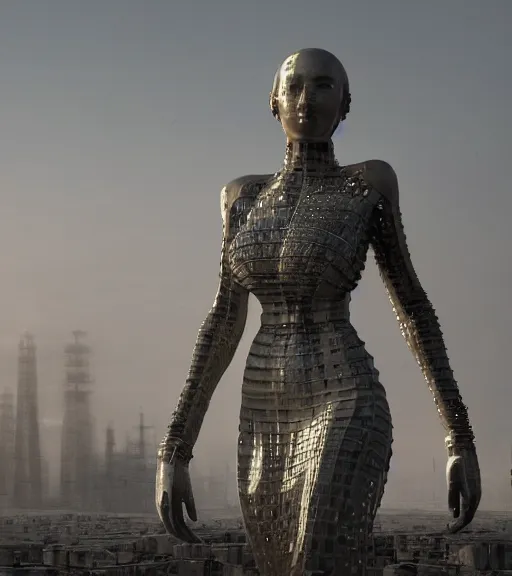 Image similar to tarkovsky best scene, the ancient destroyed majestic tower of babylon, a woman in futuristic cyber clothing, transparent puffer jacket, hyper realistic, cyber blockchain, cyber world, ambient lighting, concept art, intricate, hyper - detailed, smooth, dynamic volumetric lighting, octane, ray trace, cinematic, high quality, high resolution, 4 k, cgsociety