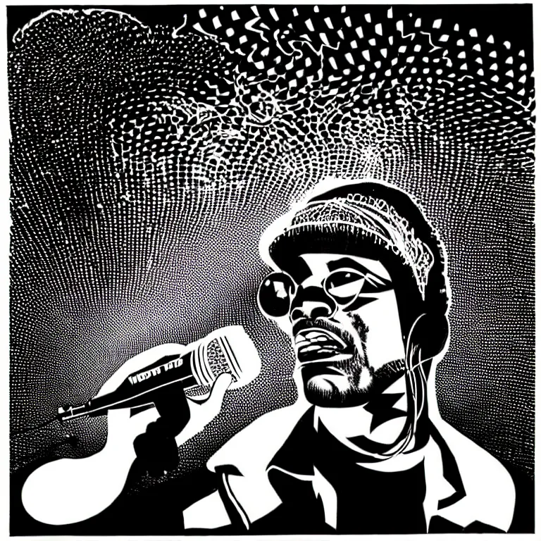 Image similar to rapping into microphone, epic angle, profile view, silhouetted, distinct, psychedelic hip-hop, laser light show, beams of light, illustrated by Victor Moscoso