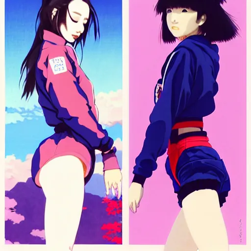 Image similar to a beautiful japanese natalie portman gravure model, wearing oversized native designer bomber jacket and leotard with overalls, bulky poofy bomber jacket with mesoamerican patterns, mesoamerican native street fashion, gapmoe yandere grimdark, trending on pixiv fanbox, painted by greg rutkowski makoto shinkai takashi takeuchi studio ghibli, akihiko yoshida