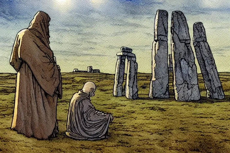 Image similar to a realistic and atmospheric watercolour fantasy concept art of a ufo landing in a floating stonehenge. one dirty medieval monk in grey robes is on his knees praying to the ufo. muted colors. by rebecca guay, michael kaluta, charles vess and jean moebius giraud