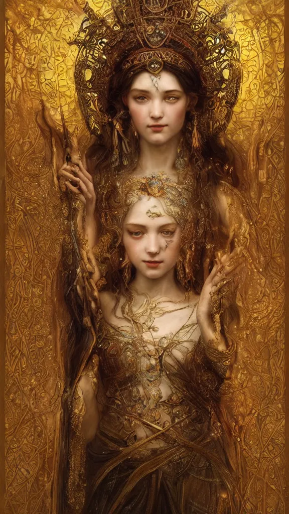 Prompt: breathtaking detailed soft painting of one goddess with crown and spear, gauze dress of fireflies and art nouveau crown of embers, viking culture, rembrandt style, detailed art nouveau stained glass of flames, christian saint rosace, elegant, highly detailed, artstation, concept art, matte, sharp focus, art by Tom Bagshaw, Artgerm and Greg Rutkowski