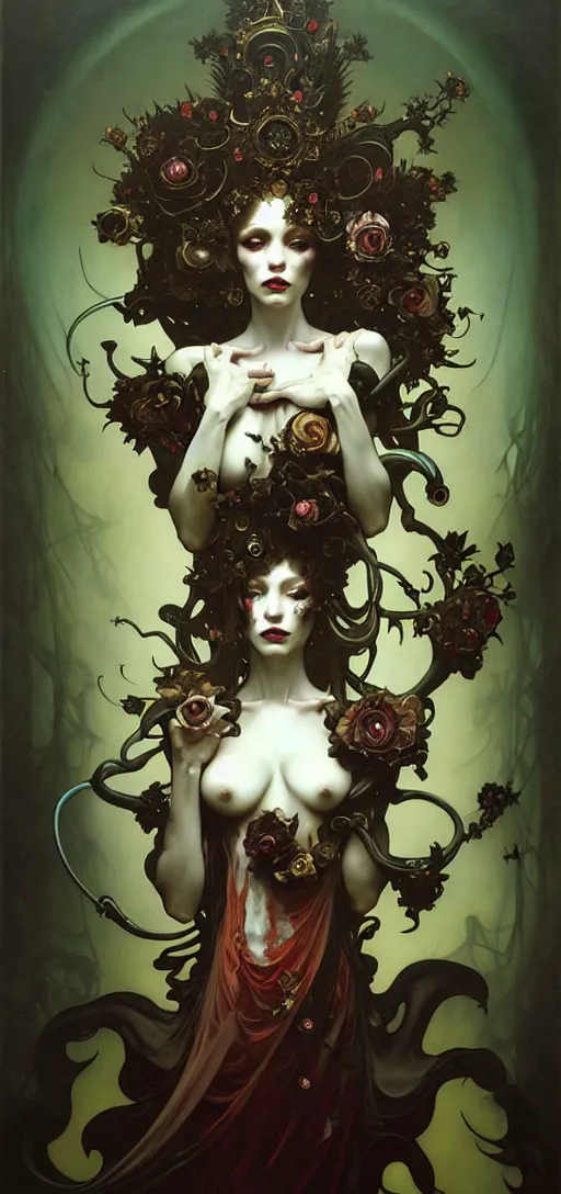 Image similar to baroque oil painting of full body vampire princess portrait, by nekro, peter mohrbacher, alphonse mucha, brian froud, yoshitaka amano, kim keever, victo ngai, james jean