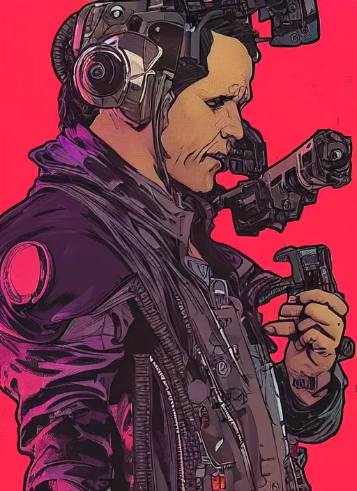 Image similar to cyberpunk repo man. portrait by ashley wood and alphonse mucha and laurie greasley and josan gonzalez and james gurney. spliner cell, apex legends, rb 6 s, hl 2, d & d, cyberpunk 2 0 7 7. realistic face. vivid color. dystopian setting.