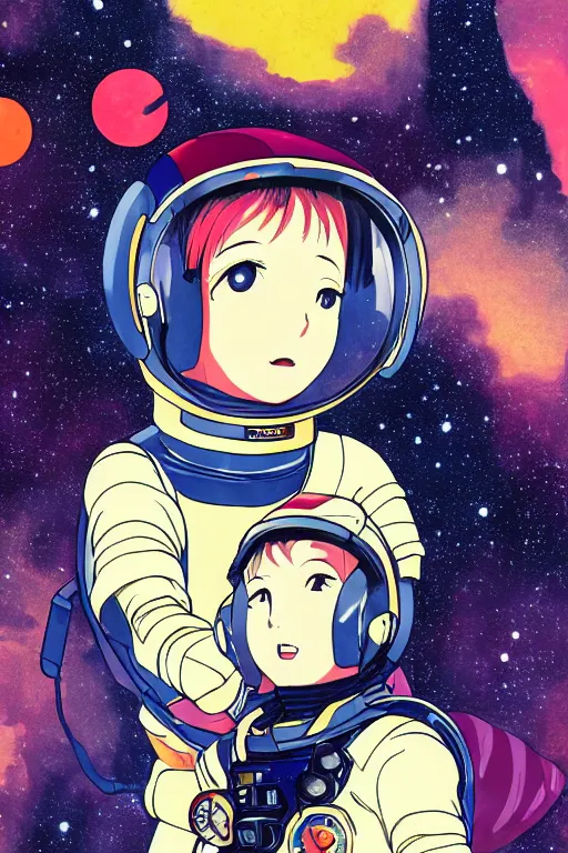 Prompt: portrait of a young anime astronaut girl, hisashi eguchi, akihito yoshida, yuya nagai, film noir, bladerunner, alphonse mucha, loish, murata range, cinematic, studio lighting, manga, vibrantly colored, dreamy, gradation, space nebula background