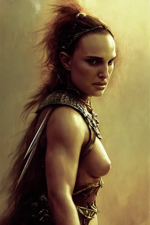 Image similar to young natalie portman, ultimate warrior, fighter, lord of the rings, tattoos, decorative ornaments, battle armor, omar ortiz, carl spitzweg, ismail inceoglu, vdragan bibin, hans thoma, greg rutkowski, alexandros pyromallis, perfect face, detailed, sharply focused, centered, rule of thirds, photorealistic shading