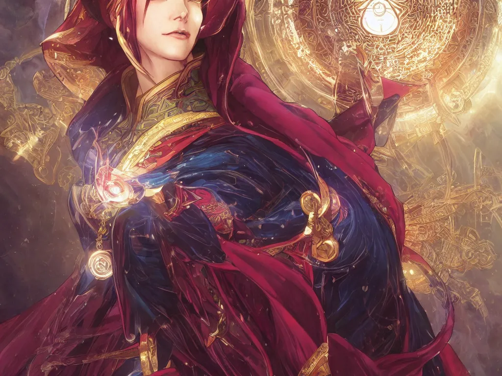 Image similar to anime key visual of one beautiful female doctor strange, marvel comics, spells, magic, intricate, inside magical temple stunning, highly detailed, digital painting, artstation, smooth, hard focus, illustration, art by artgerm and greg rutkowski and alphonse mucha