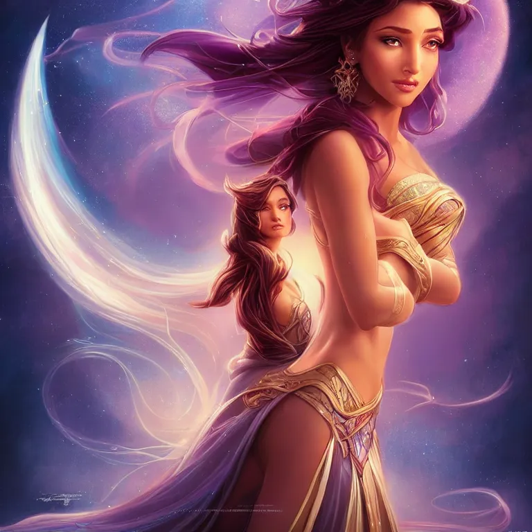 Image similar to beautiful cinematic fantasy poster, a beautiful princess goddess like princess jasmine with flowing illuminated hair, beautiful glowing galaxy eyes, wideshot ultrawide angle epic scale, hybrid from The Elden Ring and art direction by Darius Zawadzki ;by artgerm; wayne reynolds art station; cinematic quality character render; low angle; ultra high quality model; production quality cinema model;