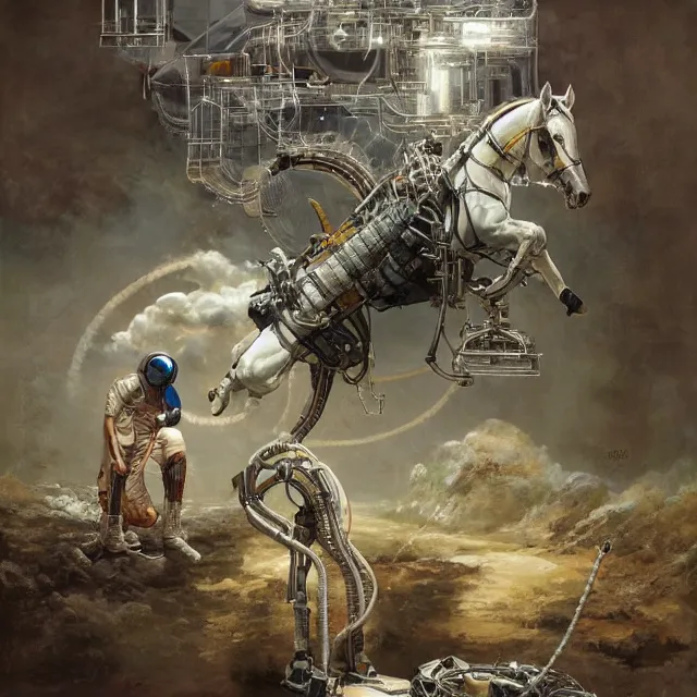 Prompt: horse sitting on the astronaut's back, while he crawling on knees, industrial sci - fi, by mandy jurgens, ernst haeckel, james jean