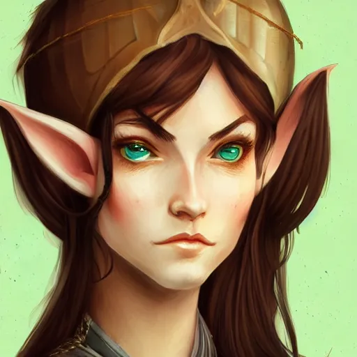 Image similar to portrait, 30 years old women :: fantasy elf :: amber eyes, long straight darkblond hair :: attractive :: green and brown medieval cloting, natural materials, backpack :: high detail, digital art, RPG, concept art, illustration