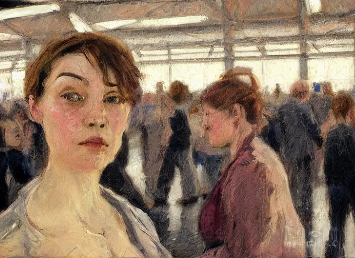 Prompt: portrait of woman in crowd interior airport in the style of, eilif peterssen, pekka halonen, finnish naturalism, realism, realist style, cynical realism, portrait face, in the style of peter ferguson, frantisek kupka, intricate, miles johnston, kuroda