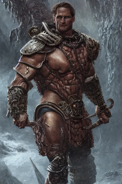 Image similar to ultra realistic illustration,, a hulking herculean alexander skarsgard with leather armour, from doom and warhammer, intricate, elegant, highly detailed, digital painting, artstation, concept art, smooth, sharp focus, illustration, art by artgerm and greg rutkowski and alphonse mucha