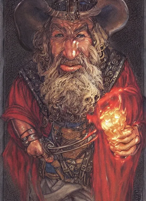 Image similar to portrait of dwarf sorcerer, beautiful! coherent! dungeons and dragons character, by brian froud, larry elmore, gerald brom, ralph horsley strong line, deep color, chainmail, short red hair, high contrast