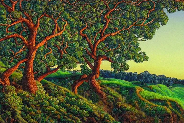 Prompt: masterpiece painting of oak trees on a hillside overlooking a creek, dramatic lighting, by mati klarwein