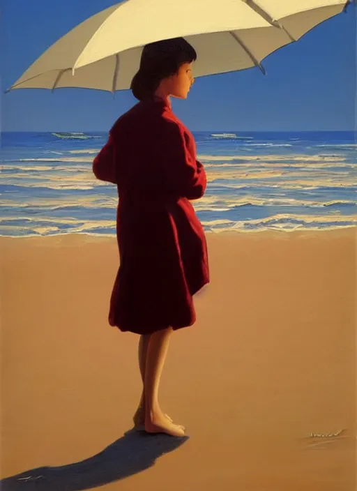 Prompt: a portrait of an beautiful young girl standing on a beach holding an umbrella, highly detailed, dramatic lighting, intense shadows, rich deep colours, by jack vettriano