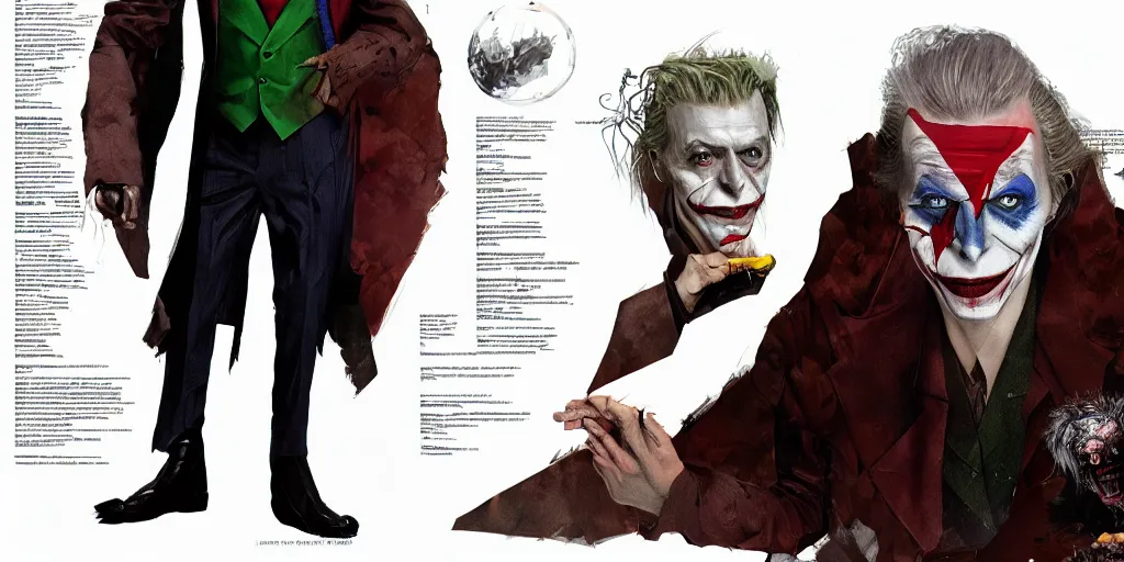 Image similar to david bowie as the joker, character sheet, concept design, contrast, kim jung gi, greg rutkowski, zabrocki, karlkka, jayison devadas, trending on artstation, 8 k, ultra wide angle, pincushion lens effect