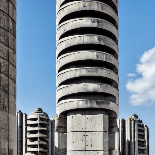 Prompt: a sci - fi beautiful brutalist hypermodern monument, with many rounded brutalist towers sprouting from the base tower creating a complex and unique geometric building, photography