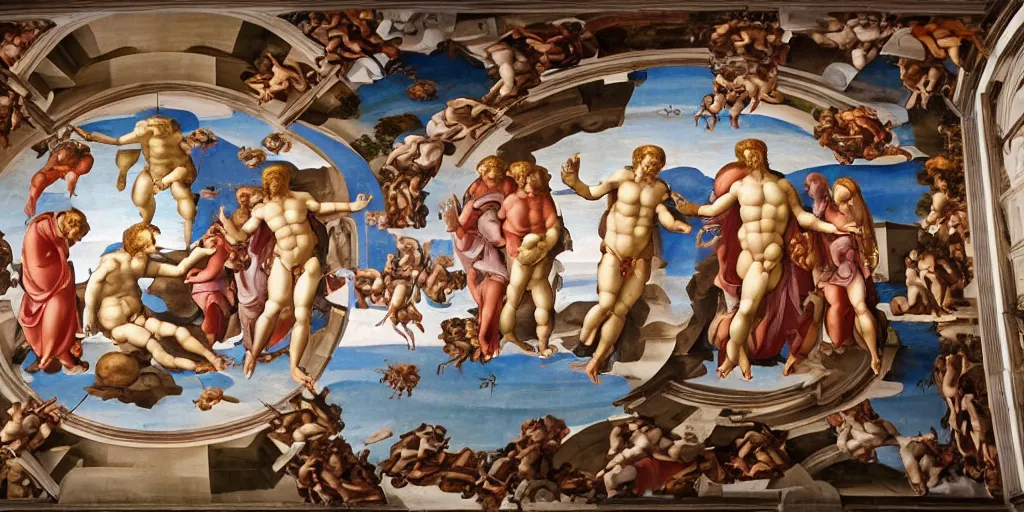 Prompt: a robot reaching out to touch the hand of god in the style of michelangelo's the creation of adam - painted fresco on the ceiling of the cistine chapel