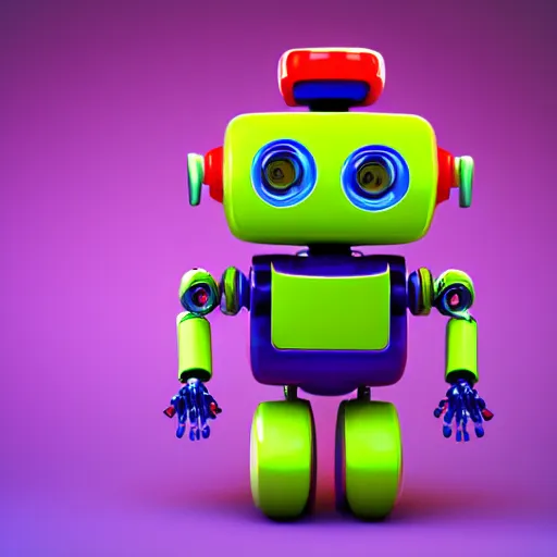 Prompt: high quality 3 d render made with blender of a colourful robot made of fisher price toys being driven by a smaller happy robot. the background is a purple gradient