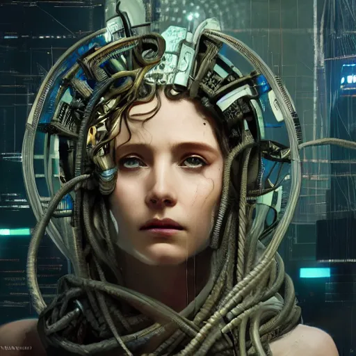 Image similar to portrait of Medusa with vr headset, cyberpunk, cables on the head, futuristic hi-tech details, ominous, intricate, art by anthony macbain + greg rutkowski + alphonse mucha, concept art, 4k, sharp focus, cinematic unreal engine